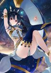  absurdres arm_up armlet armpits azuuru black_hair crown earrings fate/grand_order fate_(series) highres hoop_earrings ishtar_(fate/grand_order) jewelry long_hair long_legs looking_at_viewer red_eyes single_thighhigh sky smile solo star_(sky) starry_sky thighhighs 