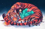  animal animal_ears black_hair cat_ears closed_eyes commentary japanese_clothes kimono long_hair nana_nakano obi on_animal original sash sky sleeping star_(sky) starry_sky tiger yukata 