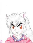  2017 amber_eyes animal_humanoid canine clothed clothing dog duck_hunt_dog_(artist) eyebrows hair human humanoid inuyasha inuyasha_(character) looking_at_viewer male mammal simple_background smile traditional_media_(artwork) white_background white_hair 
