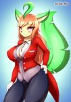  anthro big_breasts blush breasts brown_hair clothed clothing eeveelution eyelashes female gloves hair leafeon nintendo nipple_bulge pink_eyes pok&eacute;mon solo tailzkim tight_clothing video_games 