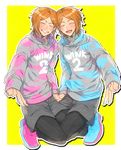  aoi_hinata aoi_yuuta blush brothers center_part closed_eyes ensemble_stars! grin highres hood hoodie isaka male_focus multiple_boys nail_polish outline shorts siblings simple_background smile sweatshirt twins v white_outline yellow_background 