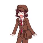  bad_id bad_pixiv_id bag blazer brown_hair brown_hat brown_jacket brown_shorts cabbie_hat collared_shirt d: forbidden_scrollery hammer_(sunset_beach) hands_clasped hat highres jacket necktie no_wings o_o open_mouth own_hands_together pointy_ears shameimaru_aya shirt short_hair shorts shoulder_bag solo surprised sweat tie_clip touhou wide-eyed 