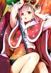  arms_up bare_legs between_legs capelet chair cherry_blossoms commentary_request crown dutch_angle eyebrows_visible_through_hair hair_ornament hairclip highres jacket koharu_yoshino looking_at_viewer mikazuki_akira! open_mouth pink_eyes pink_hair red_eyes sakura_quest short_hair sitting skirt solo staff teeth throne 