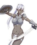  armor dark_elf dark_skin elf hayabusa highres long_hair original pointy_ears ponytail red_eyes shield silver_hair simple_background solo sword weapon white_background 