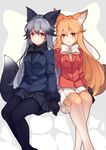  absurdres animal_ears bangs black_bow black_gloves black_hair black_legwear black_neckwear black_skirt blonde_hair bow bowtie breasts ezo_red_fox_(kemono_friends) fox_ears fox_tail fur_trim gloves highres holding_hands jacket kemono_friends kujou_ichiso long_hair long_sleeves looking_at_viewer medium_breasts miniskirt multicolored_hair multiple_girls necktie pantyhose pleated_skirt silver_fox_(kemono_friends) silver_hair sitting skirt smile tail two-tone_hair white_bow white_neckwear white_skirt yellow_eyes yellow_legwear yellow_neckwear 