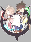  1boy 1girl alisha_diphda armor breasts brown_hair capelet earrings feathers gloves green_eyes grey_background hair_ornament jacket long_hair open_mouth ribbon short_hair smile sorey_(tales) sword tales_of_(series) tales_of_zestiria weapon 