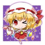  &gt;_o blonde_hair chibi eyebrows_visible_through_hair flandre_scarlet frilled_hat frilled_skirt frilled_sleeves frills hat hat_ribbon heart looking_at_viewer mob_cap noai_nioshi one_eye_closed puffy_short_sleeves puffy_sleeves purple_background red_eyes red_footwear red_ribbon red_skirt red_vest ribbon shoes short_sleeves side_ponytail skirt smile solo spoken_heart star starry_background touhou vest white_hat white_legwear wings wrist_cuffs yellow_neckwear 