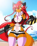  anthro beach belt big_breasts bikini bikini_top breasts canine cleavage clothed clothing cosplay female fox fulvus fur gloves gun hair hairpin legwear long_hair mammal orange_eyes orange_fur outside oversized_weapon ponytail ranged_weapon red_hair rifle sagestrike2_(artist) scarf seaside shorts skull smile sniper_rifle solo standing stockings stripes swimsuit tengen_toppa_gurren_lagann weapon 