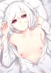  akira_(tsunekichi) albino arms_up bangs breasts closed_mouth collarbone dress_shirt dutch_angle expressionless highres looking_at_viewer lying naked_shirt on_back open_clothes open_shirt original pillow red_eyes shirt small_breasts solo swept_bangs tsunekichi upper_body white_hair 