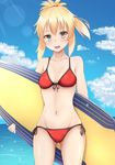  ass_visible_through_thighs bangs bikini blonde_hair blue_sky blush breasts cloud cloudy_sky collarbone commentary_request cowboy_shot day eyebrows_visible_through_hair fate/apocrypha fate/grand_order fate_(series) front-tie_bikini front-tie_top green_eyes groin hips holding kurenai_(kurenai_pso) lens_flare light_rays looking_at_viewer mordred_(fate)_(all) mordred_(swimsuit_rider)_(fate) navel ocean open_mouth outdoors ponytail prydwen red_bikini side-tie_bikini sidelocks sky small_breasts smile solo standing sunbeam sunlight surfboard swimsuit teeth thighs 