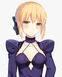  artoria_pendragon_(all) black_bow blonde_hair blush bow breasts choker cleavage closed_mouth collarbone commentary_request dress expressionless eyebrows eyebrows_visible_through_hair fate/grand_order fate_(series) grey_background hair_bow halterneck head_tilt jitome juliet_sleeves kurenai_(kurenai_pso) long_sleeves looking_at_viewer medium_breasts puffy_sleeves purple_dress revision saber_alter short_hair simple_background solo upper_body yellow_eyes 