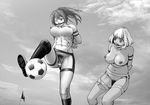  2girls artist_request ball bdsm blush bondage breasts large_breasts looking_at_viewer monochrome multiple_girls nipples pubic_hair pussy pussy_juice restrained soccer_ball tagme vaginal_insertion 