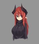  :/ black_eyes breasts commentary grey_background horns large_breasts long_hair looking_at_viewer original pointy_ears red_hair red_pupils ribbed_sweater simple_background sub-res sweater turtleneck turtleneck_sweater upper_body 