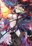  armor armpits artoria_pendragon_(all) artoria_pendragon_(lancer_alter) ass_visible_through_thighs blonde_hair breasts cape cleavage covered_nipples energy eyebrows_visible_through_hair fate/grand_order fate_(series) highres holding holding_weapon horns horse lance large_breasts llamrei_(fate) long_hair looking_at_viewer mashu_003 navel parted_lips polearm riding solo stomach underboob weapon yellow_eyes 