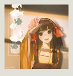  brown_eyes brown_hair hair_ribbon hjl koi_(onmyoji) looking_at_viewer onmyoji ribbon short_hair sidelocks smile solo 