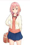  absurdres bag bangs blue_skirt cowboy_shot hair_ornament hairclip hand_on_hip handbag highres jacket koharu_yoshino looking_at_viewer miniskirt open_clothes open_jacket pink_eyes pink_hair s-goon sakura_quest short_hair skirt white_background 