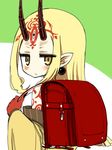  1girl backpack bare_shoulders blonde_hair earrings fate/grand_order fate_(series) horns ibaraki_douji_(fate/grand_order) japanese_clothes long_hair pointy_ears tattoo 