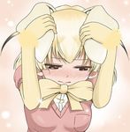  animal_ears bad_anatomy blonde_hair blush bow brown_eyes commentary covering_ears extra_ears fennec_(kemono_friends) fox_ears fur_trim gloves hands_on_own_head kemono_friends looking_away nose_blush pink_background pink_sweater puffy_short_sleeves puffy_sleeves shino_(ponjiyuusu) short_sleeves solo sweater upper_body 
