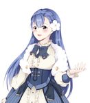  absurdres bangs blue_eyes blue_hair blush bow bowtie braid capelet commentary_request crown_braid detached_sleeves dress eyebrows eyebrows_visible_through_hair fire_emblem fire_emblem_echoes:_mou_hitori_no_eiyuuou flower frills hair_between_eyes hair_flower hair_ornament highres linea_(fire_emblem) long_hair looking_at_viewer sayumari smile solo 