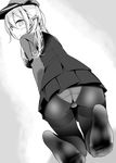  absurdres ass blush breasts feet greyscale hat highres kantai_collection kneeling looking_at_viewer looking_back low_twintails microskirt military military_hat military_uniform monochrome oouso panties panties_under_pantyhose pantyhose pantyshot pantyshot_(kneeling) peaked_cap pleated_skirt prinz_eugen_(kantai_collection) skirt twintails underwear uniform white_panties 