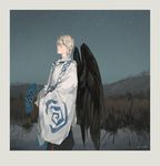  black_wings daitengu expressionless fan field hjl japanese_clothes looking_at_viewer male_focus night night_sky onmyoji outdoors paper_fan reflection signature sky solo tengu water white_hair wide_sleeves wings 