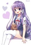  badge blush botan_(clannad) clannad crossed_legs fujibayashi_kyou hair_intakes hair_ribbon heart hikarizaka_private_high_school_uniform long_hair looking_at_viewer mauve open_mouth purple_eyes purple_hair red_ribbon ribbon sailor_collar school_uniform simple_background sitting smile thighhighs twitter_username very_long_hair white_background white_sailor_collar wild_boar 