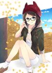  :p arm_support autumn autumn_leaves bangs beanie bespectacled blue_eyes braid brown_hair collarbone commentary_request glasses hair_ornament hair_over_shoulder hairclip hat highres hood hooded_jacket jacket kantai_collection knees_together_feet_apart looking_at_viewer parted_bangs shigure_(kantai_collection) shoes shorts single_braid sitting smile socks solo tongue tongue_out v-neck yukichi_(eikichi) 