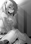  1girl blood bloody_clothes breasts bridal_veil clenched_teeth collarbone crying crying_with_eyes_open dress elbow_gloves eyebrows_visible_through_hair gloves greyscale highres jewelry long_hair long_skirt mishima_kurone monochrome necklace novel_illustration official_art rokudenashi_majutsu_koushi_to_akashic_record sistine_fiber sitting skirt small_breasts solo tears teeth torn_clothes torn_dress veil 
