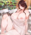  bare_shoulders breasts brown_hair c.cu cleavage curvy hair_over_one_eye huge_breasts light_smile long_hair mature naked_towel onsen original plump pubic_hair solo steam thick_thighs thighs towel 
