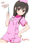  artist_name black_hair blush brown_eyes character_name chijou_noko chikanoko commentary_request copyright_name dated dress hand_on_hip hat long_hair looking_at_viewer name_tag nurse nurse_cap pink_dress ragho_no_erika revision signature smile solo thermometer 