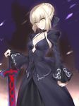  absurdres artoria_pendragon_(all) black_dress blonde_hair braid breasts choker cleavage closed_mouth dark_excalibur dress expressionless eyebrows_visible_through_hair fate/stay_night fate_(series) french_braid hair_bun halterneck hand_on_hilt highres juliet_sleeves long_sleeves looking_at_viewer puffy_sleeves saber_alter short_hair small_breasts solo sword weapon yaman yellow_eyes 