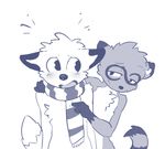  /fur/ 8chan bedroom_eyes blush bushy_(8chan) canine duo eye_markings grabbing_from_behind half-closed_eyes hand_on_shoulder male male/male mammal markings monochrome nate_(8chan) poking raccoon romantic scarf seductive simple_background wolf young 