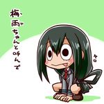  asui_tsuyu black_eyes blush_stickers boku_no_hero_academia chibi commentary_request eyebrows_visible_through_hair frog_girl green_hair green_skirt hair_rings ikkyuu long_hair looking_away low-tied_long_hair necktie red_neckwear school_uniform skirt solo squatting text_focus tongue tongue_out translated u.a._school_uniform 