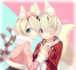  absurdres animal_ears blonde_hair blue_eyes blush bow breasts cat_ears cat_tail character_name character_request english fox_ears fox_tail hair_bow hair_over_one_eye highres holding_hands hood hoodie horns jacket large_breasts long_sleeves looking_at_viewer multiple_girls phantasy_star phantasy_star_online_2 pink_bow pink_jacket red_eyes sakura_chiyo_(konachi000) short_hair smile tail text_focus 