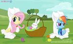  2017 angel_(mlp) basket blue_eyes blue_fur blush bunny_costume carrot clothed clothing costume easter_egg equine feathered_wings feathers female feral fluttershy_(mlp) food friendship_is_magic fur group hair hi_res lagomorph landscape mammal multicolored_hair my_little_pony nature outside pegasus pink_hair plant rabbit rainbow_dash_(mlp) rainbow_hair shutterflyeqd sky smile tree vegetable wings yellow_feathers 