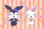  &lt;3 arthropod black_fur blush butterfly cherry cherry_blossom chest_tuft duo eyelashes eyes_closed female feral flower food fruit fur hairclip insect jewelpet jewelry lagomorph luea_(jewelpet) mammal necklace open_mouth pattern_background pisho0v0 plant rose ruby_(jewelpet) sanrio simple_background star striped_background tuft white_fur 