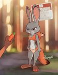  2017 anthro blue_eyes blush breasts canine carrot clothed clothing disembodied_hand disney duo female food fox glare hood judy_hopps lagomorph male mammal navel nick_wilde pen rabbit skimpy small_breasts solo_focus tears-of-blade vegetable zootopia 