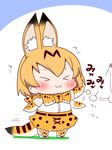  &gt;_&lt; :3 animal_ears bow bowtie chibi closed_eyes comic commentary elbow_gloves gloves kemono_friends sako_(bosscoffee) serval_(kemono_friends) serval_ears serval_print serval_tail shirt short_hair skirt slapping sleeveless sleeveless_shirt solo standing string tail thighhighs translated white_background white_shirt x3 