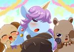  birthday blush bow_tie brown_fur cake capybara cloud coal_(jewelpet) equine eyes_closed feathered_wings feathers feral flower food frosting fur gem hair holland_lop horn io_(jewelpet) jewelpet jewelry lagomorph mammal mane necklace opal_(jewelpet) open_mouth plant purple_eyes purple_hair purple_mane rabbit rodent rose sanrio simple_background sky tongue ukan_muri winged_unicorn wings 