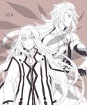  1boy 1girl bare_shoulders belt capelet collet_brunel dress headband jacket jewelry long_hair monochrome pants smile sword tales_of_(series) tales_of_symphonia weapon wings zelos_wilder 