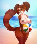  anthro ball beach beach_ball big_breasts big_butt breasts brown_hair butt ear_piercing female fur green_eyes hair holding_object looking_at_viewer mammal multicolored_hair nipples nude orange_hair outside pacevanrign piercing pigtails red_panda sand seaside smile solo two_tone_hair water white_fur 