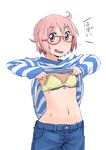  blush bra breasts denim glasses groin honky jeans lingerie looking_at_viewer navel nonohara_yuzuko open_mouth pants pink_hair red_eyes shirt_lift small_breasts solo underwear white_background yellow_bra yuyushiki 