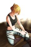  abs annie_leonhardt bare_shoulders belt black_tank_top blonde_hair boots breasts colored_eyelashes dressing folded_ponytail groin highres hmo_(kurotixyann13) knee_boots medium_breasts midriff paradis_military_uniform shingeki_no_kyojin short_hair sketch solo tank_top 