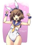  adapted_costume animal_ears ass_visible_through_thighs brown_eyes brown_hair bunny_ears bunny_tail bunnysuit detached_collar fake_animal_ears headgear highres kantai_collection leotard shinshin short_hair sketch solo tail thigh_gap white_leotard wrist_cuffs yukikaze_(kantai_collection) 