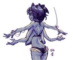  alternate_costume ass blue_skin bug cowboy_shot extra_eyes fang fang_out fewer_digits frilled_panties frills from_behind insect_girl ko-on_(ningen_zoo) lingerie looking_at_viewer looking_back muffet multiple_arms panties short_hair silk solo spider spider_girl spider_web twintails undertale underwear white_background 