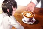  1girl bangs black_hair blurry cappuccino_(drink) closed_eyes closed_mouth coffee cup dated depth_of_field eyebrows_visible_through_hair hanekoto latte_art letterboxed long_hair original out_of_frame saucer solo_focus spoon table teacup 