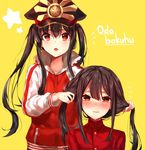  1girl black_hair black_hat blush brother_and_sister commentary english eyebrows_visible_through_hair family_crest fate/grand_order fate_(series) hat jacket kaerunoko koha-ace long_hair long_sleeves looking_at_viewer multiple_girls oda_nobukatsu_(fate/grand_order) oda_nobunaga_(fate) oda_uri open_mouth red_eyes siblings smile star text_focus track_jacket track_suit twintails yellow_background 