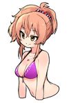  bikini blush breasts cleavage cropped_arms cropped_torso idolmaster idolmaster_cinderella_girls jewelry jougasaki_mika medium_breasts moru_(monaka) navel necklace orange_hair ponytail purple_bikini simple_background smile solo swimsuit upper_body white_background yellow_eyes 