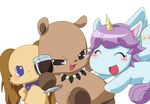  beverage blue_eyes blush bow_tie brown_fur capybara coal_(jewelpet) equine eyes_closed feathered_wings feathers feral fur gem glass hair holland_lop horn io_(jewelpet) jewelpet jewelry lagomorph mammal mane necklace opal_(jewelpet) open_mouth purple_eyes purple_hair purple_mane rabbit rodent sanrio simple_background tongue white_background winged_unicorn wings なめこ/あじゅか 