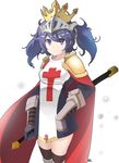  arm_guards armor blue_eyes blue_gloves blue_hair breasts brown_legwear cape closed_mouth cowboy_shot cross cross_print crown crusaders_quest dress eyebrows_visible_through_hair eyes_visible_through_hair gloves hair_between_eyes highres holding holding_weapon kneehighs long_hair looking_at_viewer noel_(crusaders_quest) red_cape shiny shiny_hair shoulder_pads simple_background skirt small_breasts smile solo spikes standing sword thighhighs twintails visor_(armor) weapon whiskeyred white_background zettai_ryouiki 